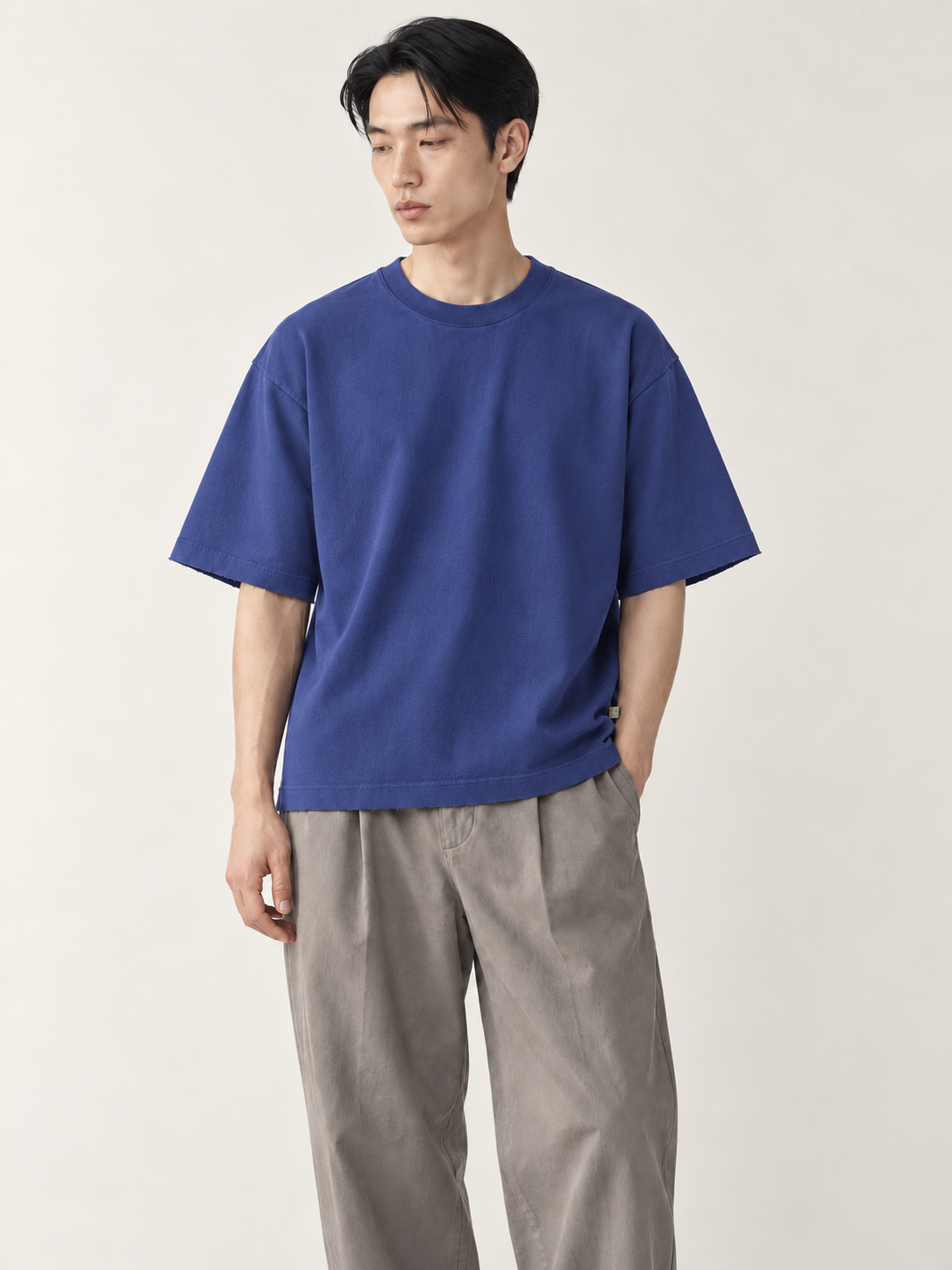 [color:blue] Raw-Edge Crewneck Tee — model natural studio view