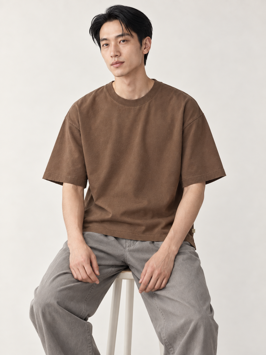 [color:brown] Raw-Edge Crewneck Tee — model natural studio view