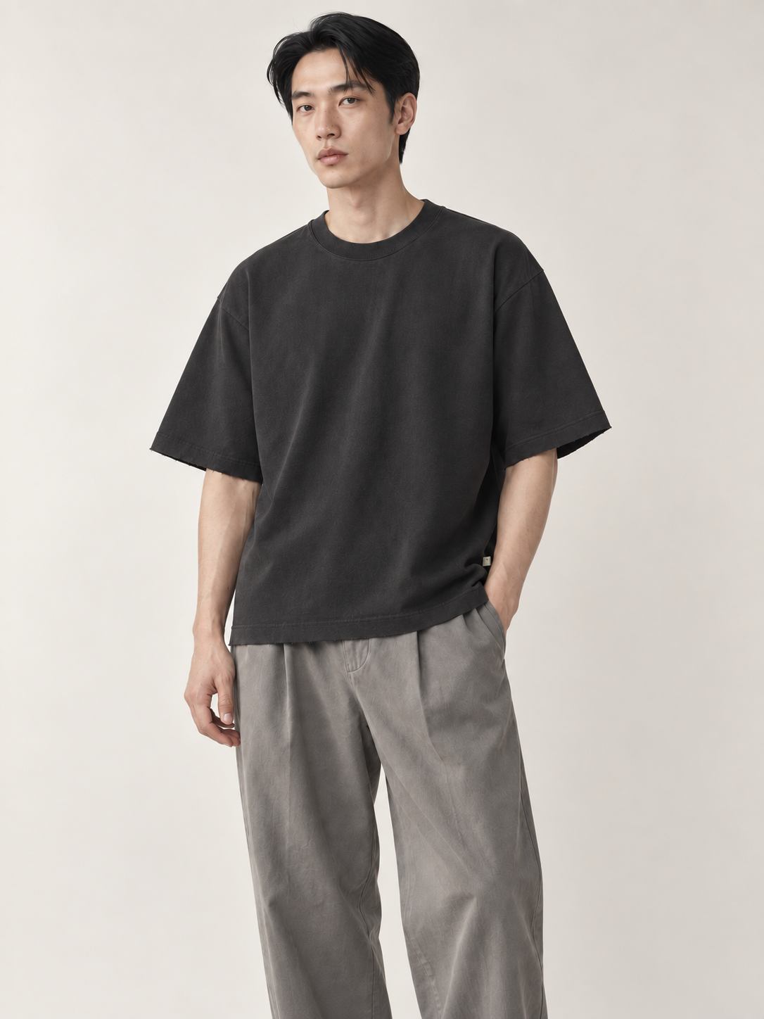 [color:dark-gray] Raw-Edge Crewneck Tee — model natural studio view