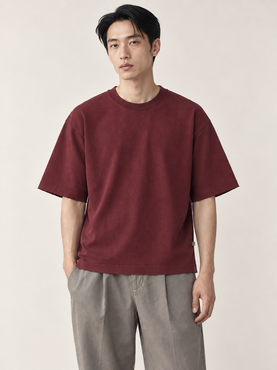 [color:wine-red] Raw-Edge Crewneck Tee — hero natural studio view