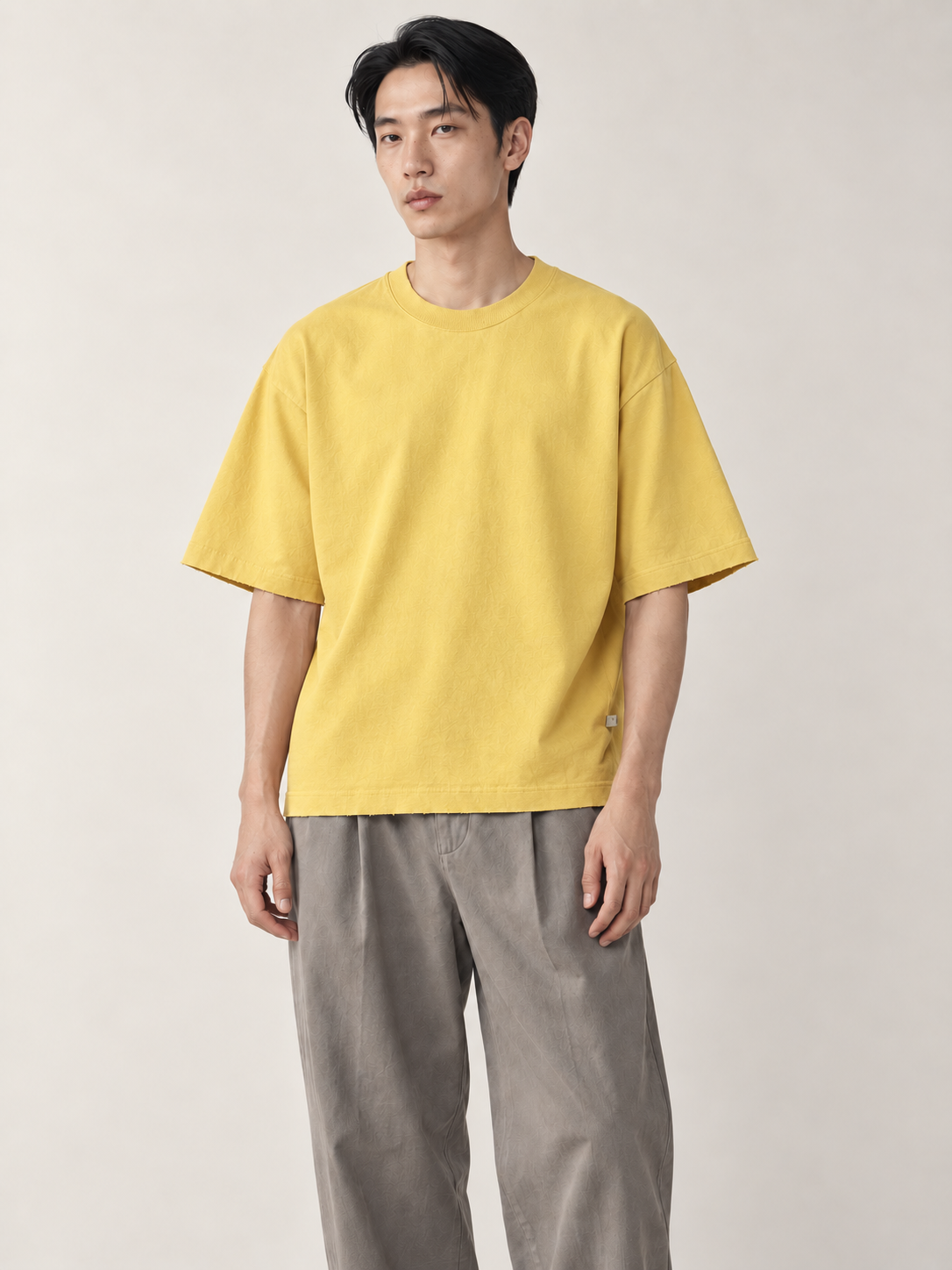 [color:yellow] Raw-Edge Crewneck Tee — model natural studio view