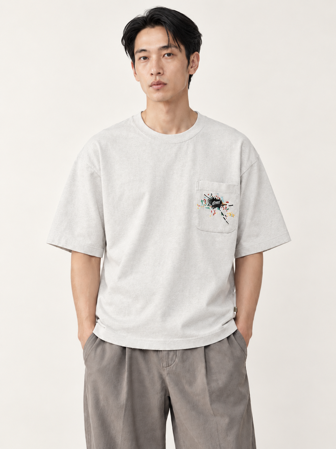 [color:light-gray] Embroidered Pocket Tee / Heavyweight — half-body model hero