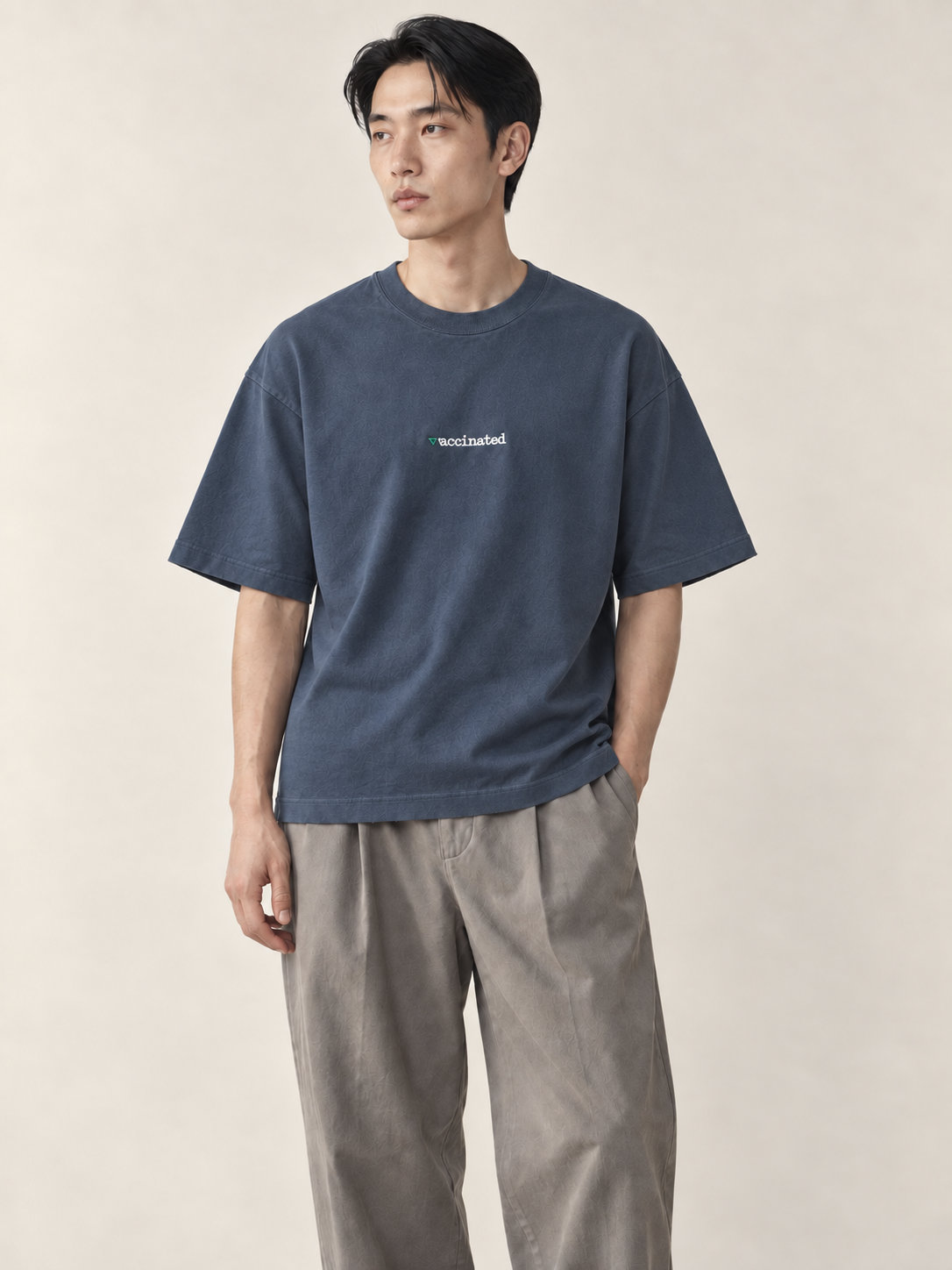 Editorial model hero view — Chest-Embroidery Tee / Relaxed Fit in Azure
