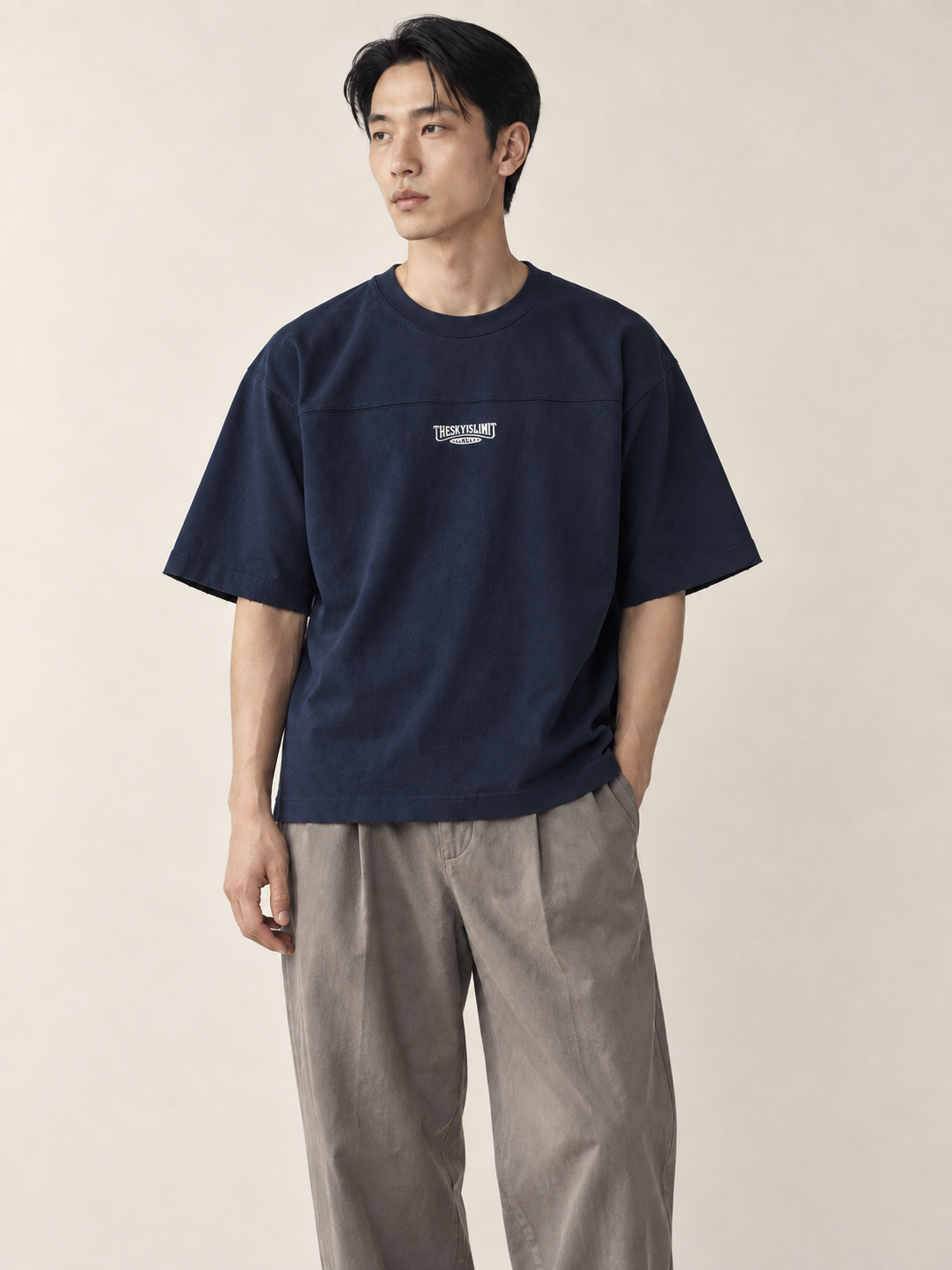 Editorial model hero view — Compact-Neck Tee / Heavy Cotton in Navy Blue