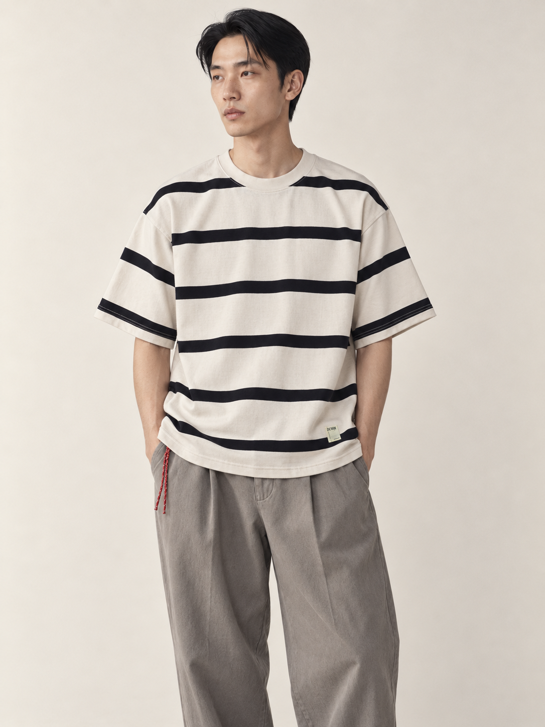 Editorial model hero view — Striped Crewneck Tee / Heavyweight in White
