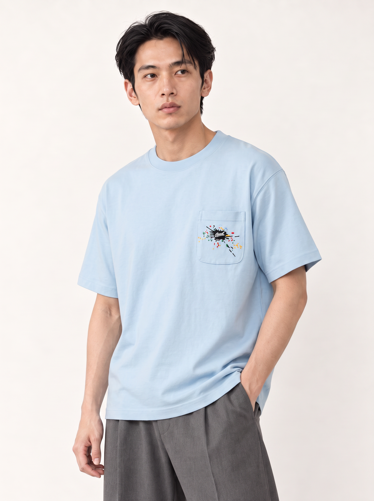 [color:light-blue] Embroidered Pocket Tee — studio model