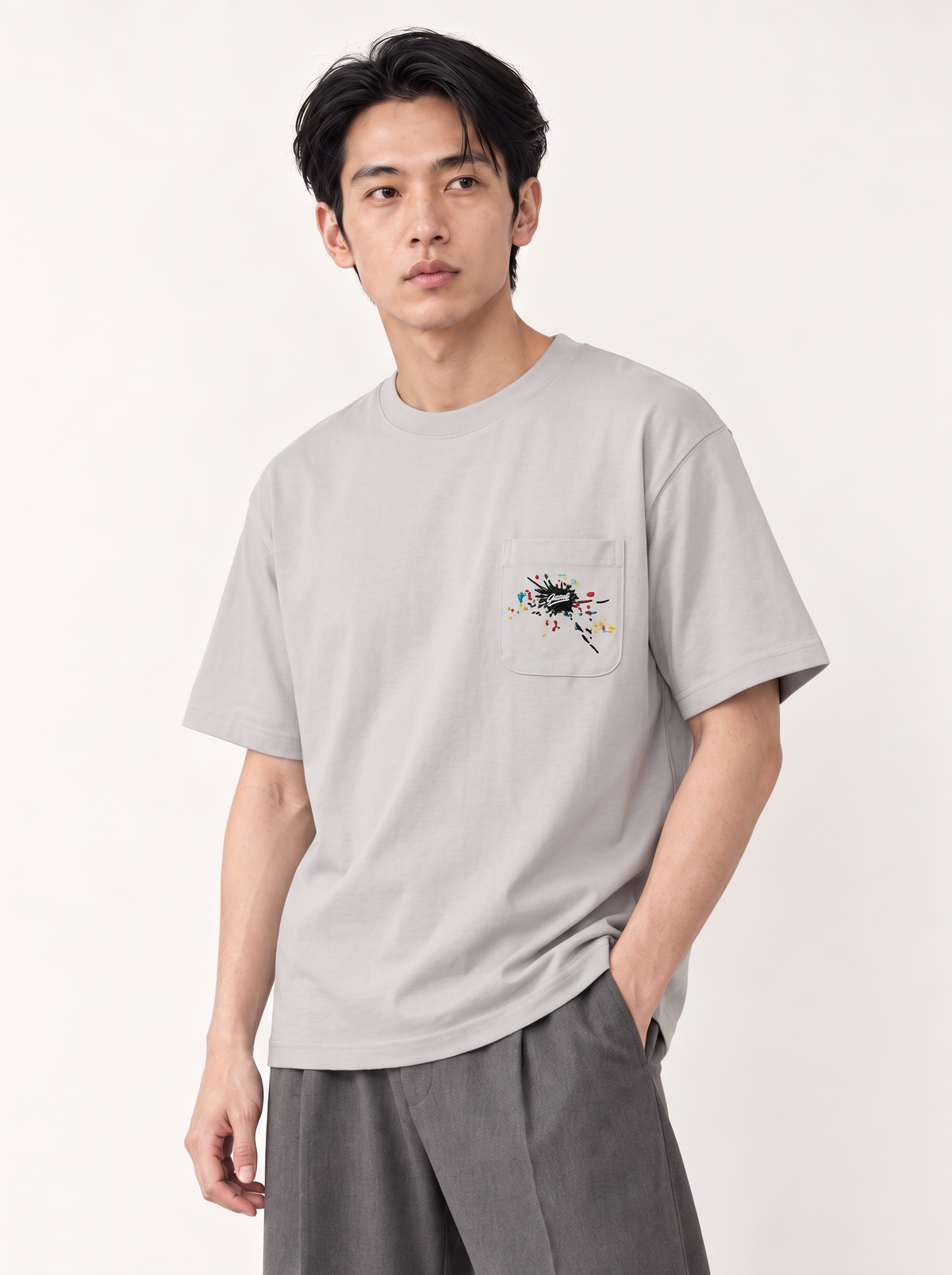 [color:light-gray] Embroidered Pocket Tee — studio model
