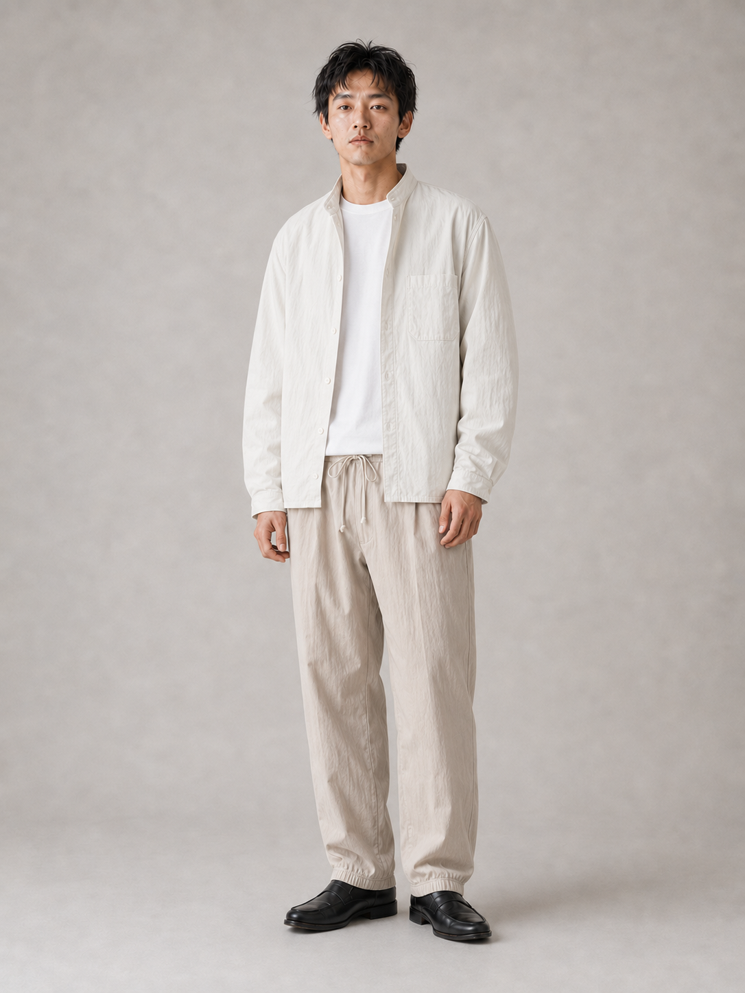 [color:dark-beige] Lightweight drawstring joggers model pose 1