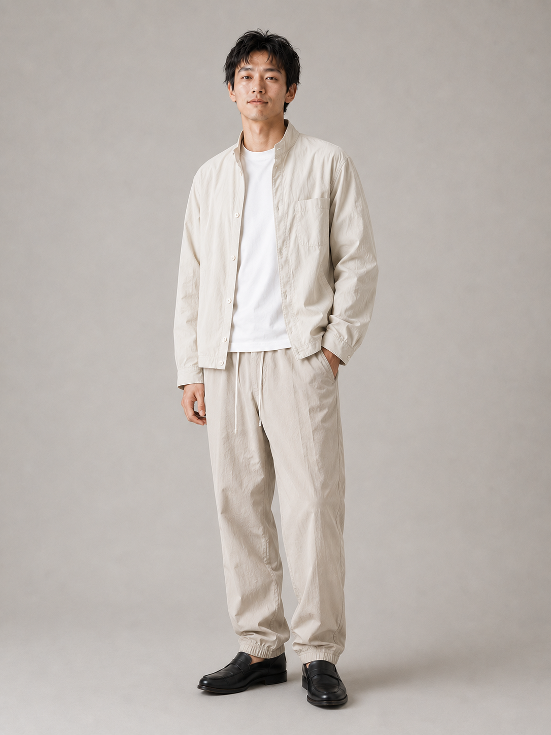 [color:dark-beige] Lightweight drawstring joggers model pose 2