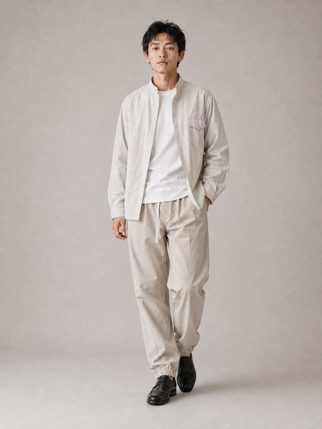 [color:dark-beige] Lightweight drawstring joggers model pose 3