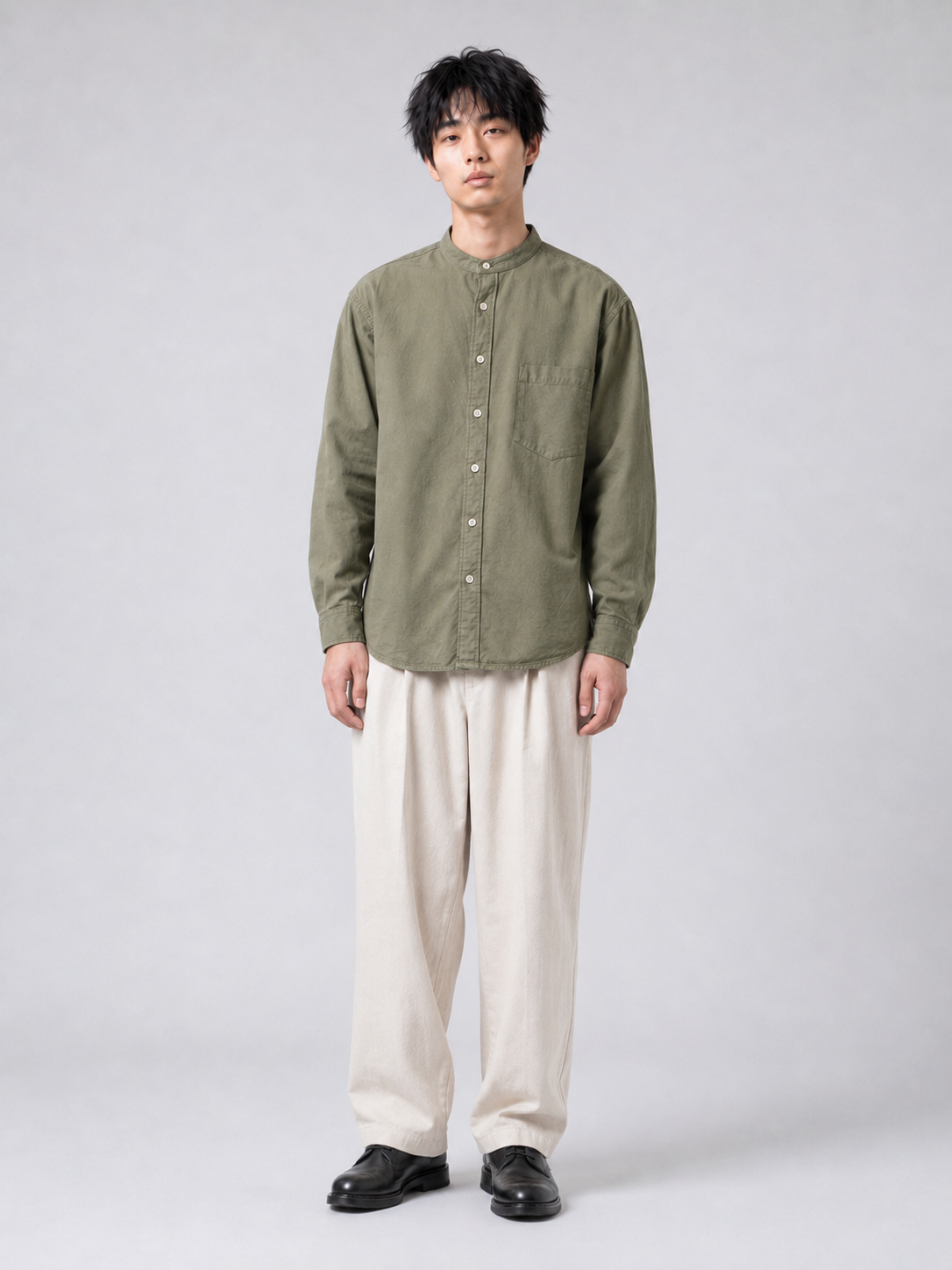 [color:army-green-m11] Cotton-linen band-collar shirt in army green, model front view