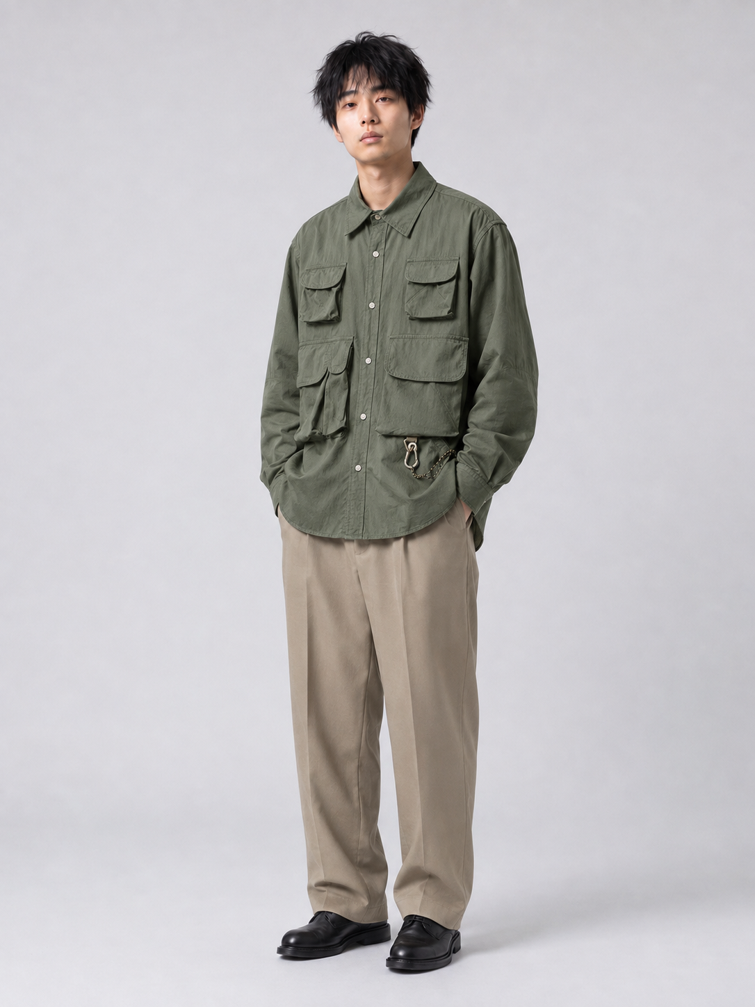 [color:army-green] Multi-pocket overshirt model view