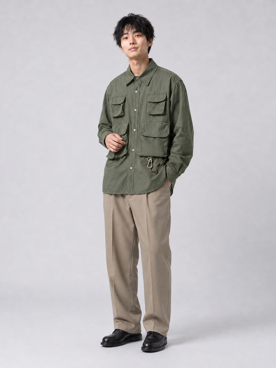 [color:army-green] Multi-pocket overshirt model view