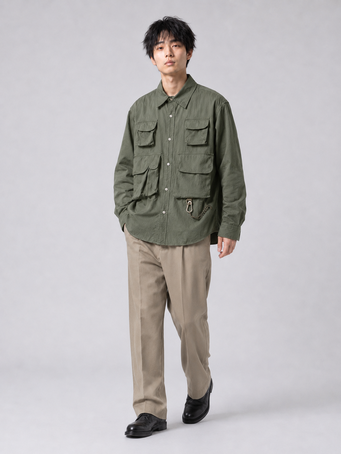 [color:army-green] Multi-pocket overshirt model view