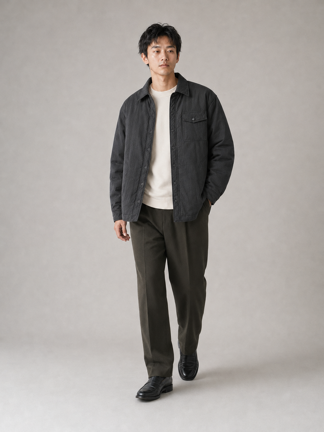 [color:black] Quilted Liner Shirt Jacket / black — model-2