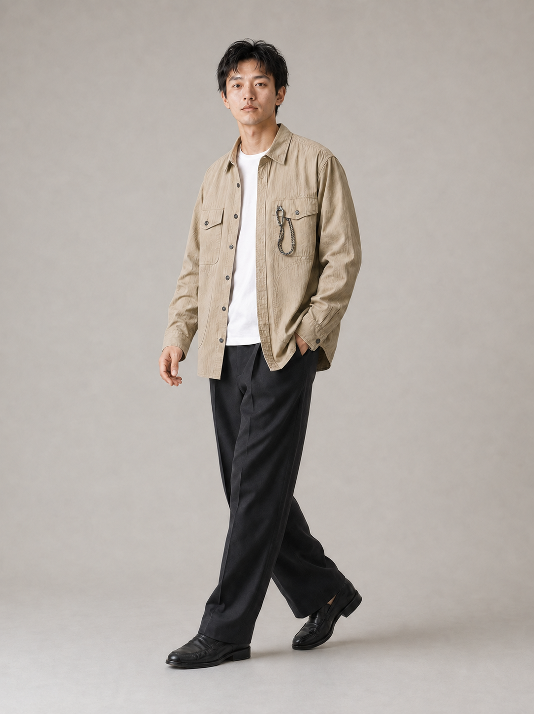 [color:khaki] Ripstop Utility Overshirt / Khaki — model walking