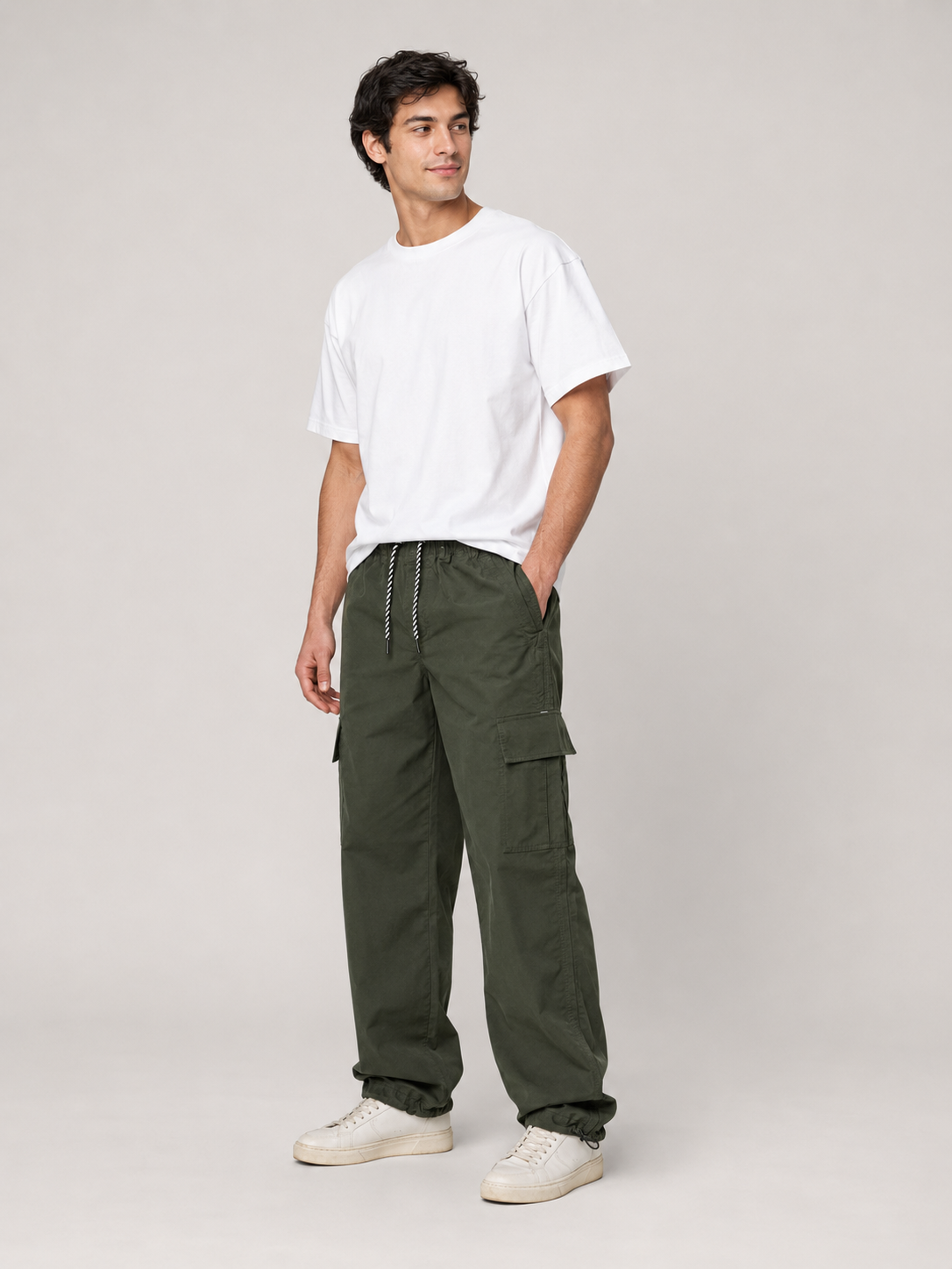 [color:army-green] Technical cargo pants model view
