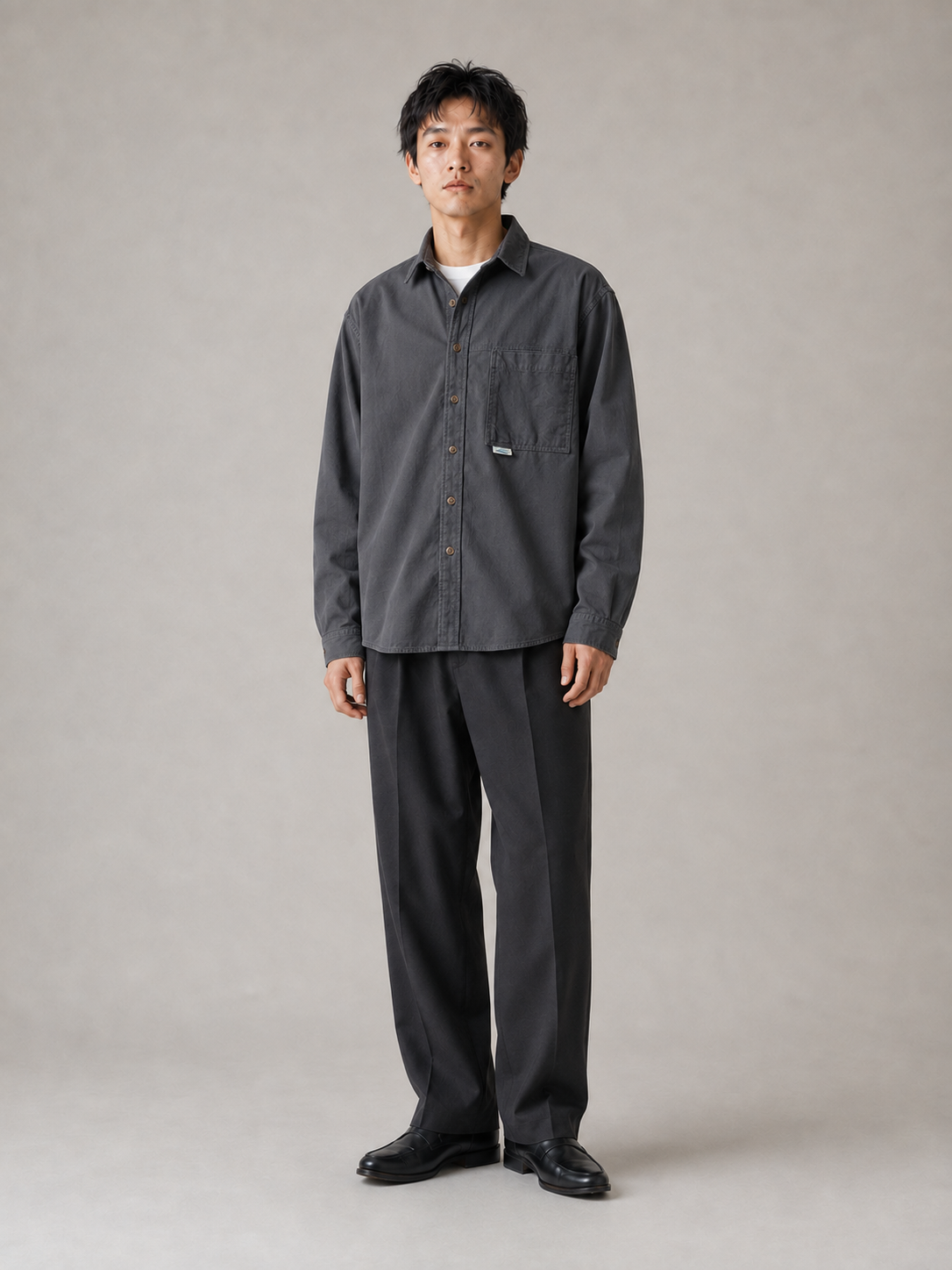 [color:charcoal] Washed patch-pocket shirt model pose 1