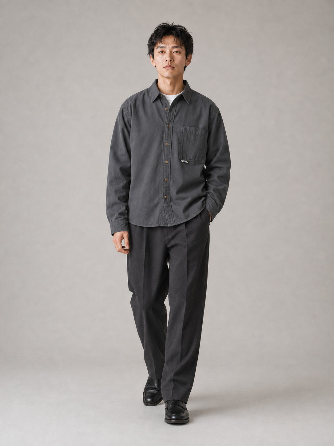 [color:charcoal] Washed patch-pocket shirt model pose 3