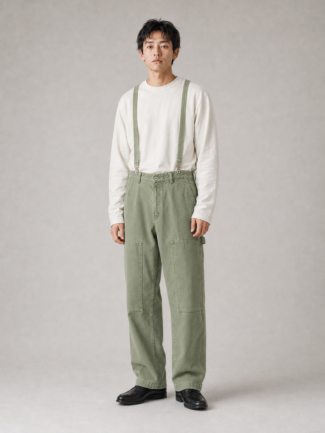 [color:light-vintage-green] Suspender trousers model pose 1