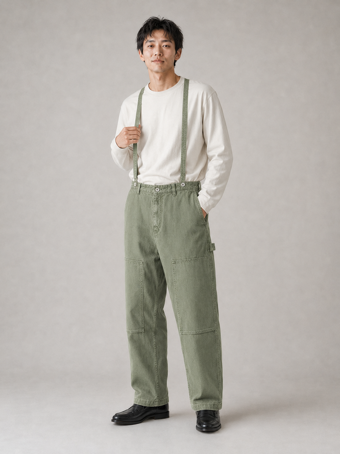 [color:light-vintage-green] Suspender trousers model pose 2