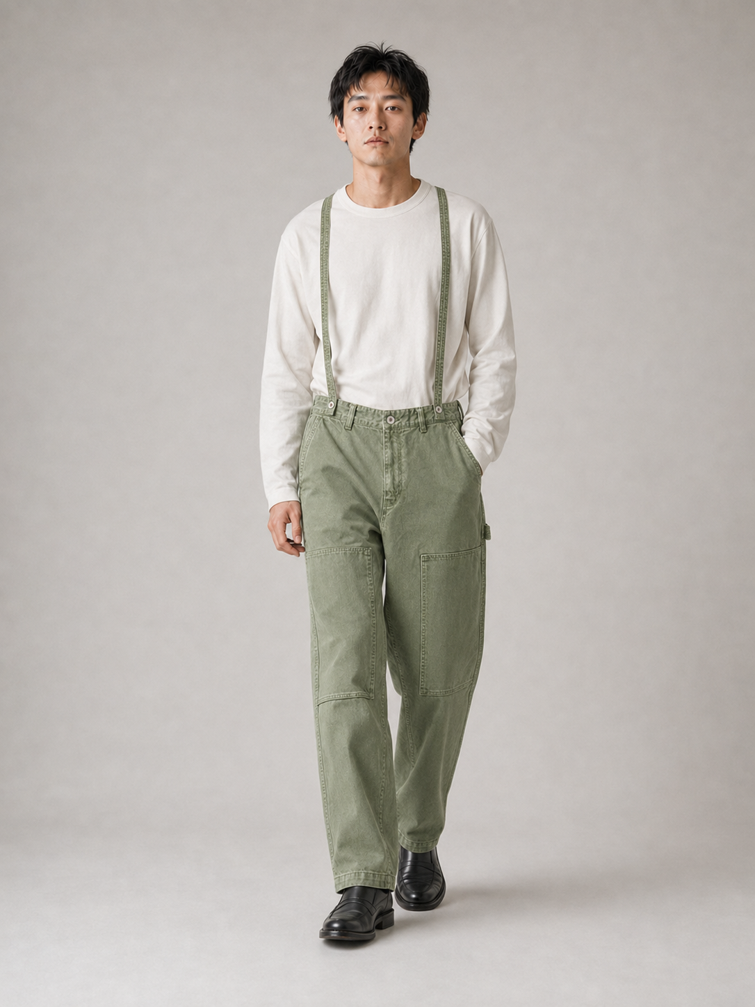 [color:light-vintage-green] Suspender trousers model pose 3