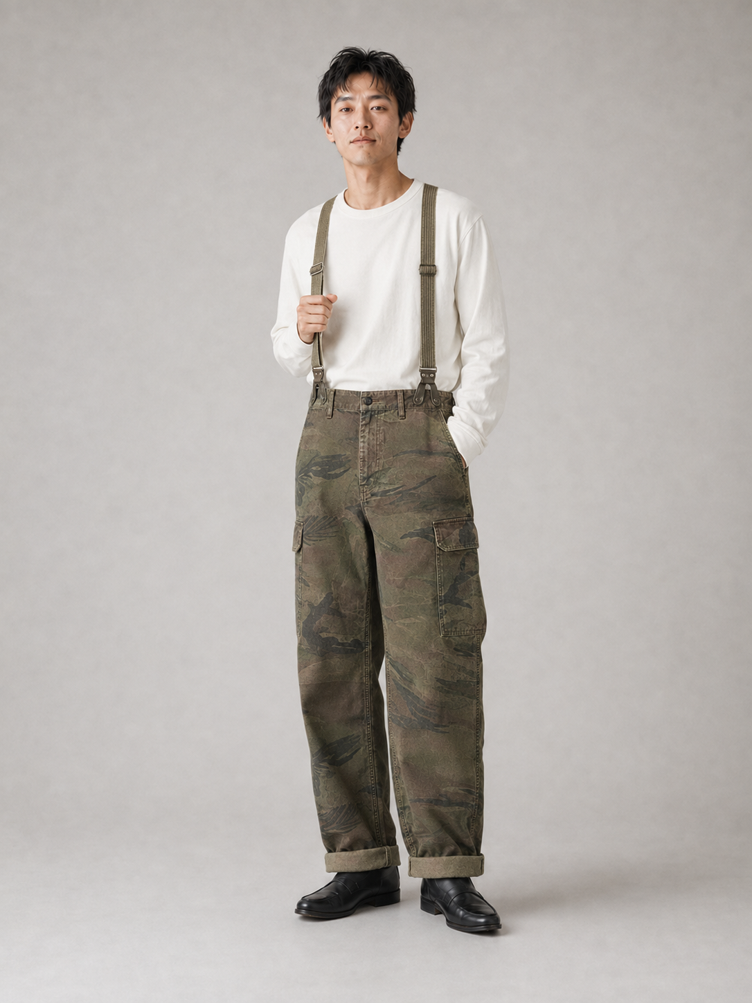 [color:light-camouflage] Suspender trousers model pose 2