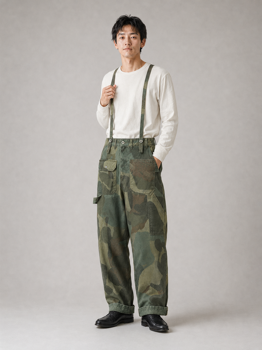 [color:dark-green-camouflage] Suspender trousers model pose 2