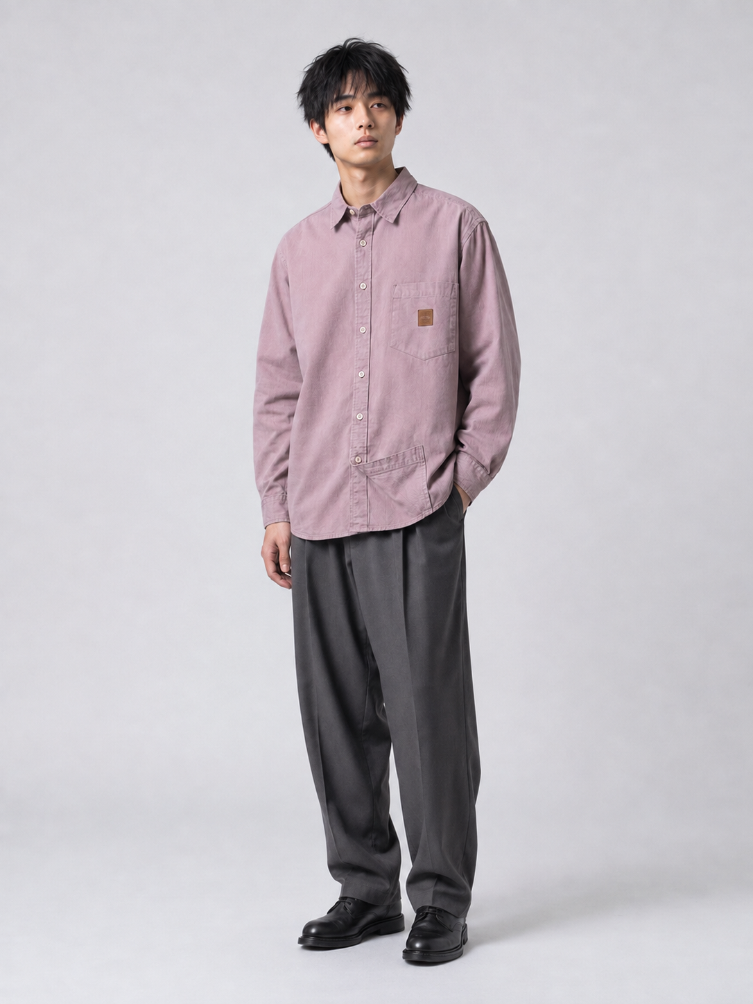 [color:dark-pink] Washed utility shirt, relaxed editorial model view