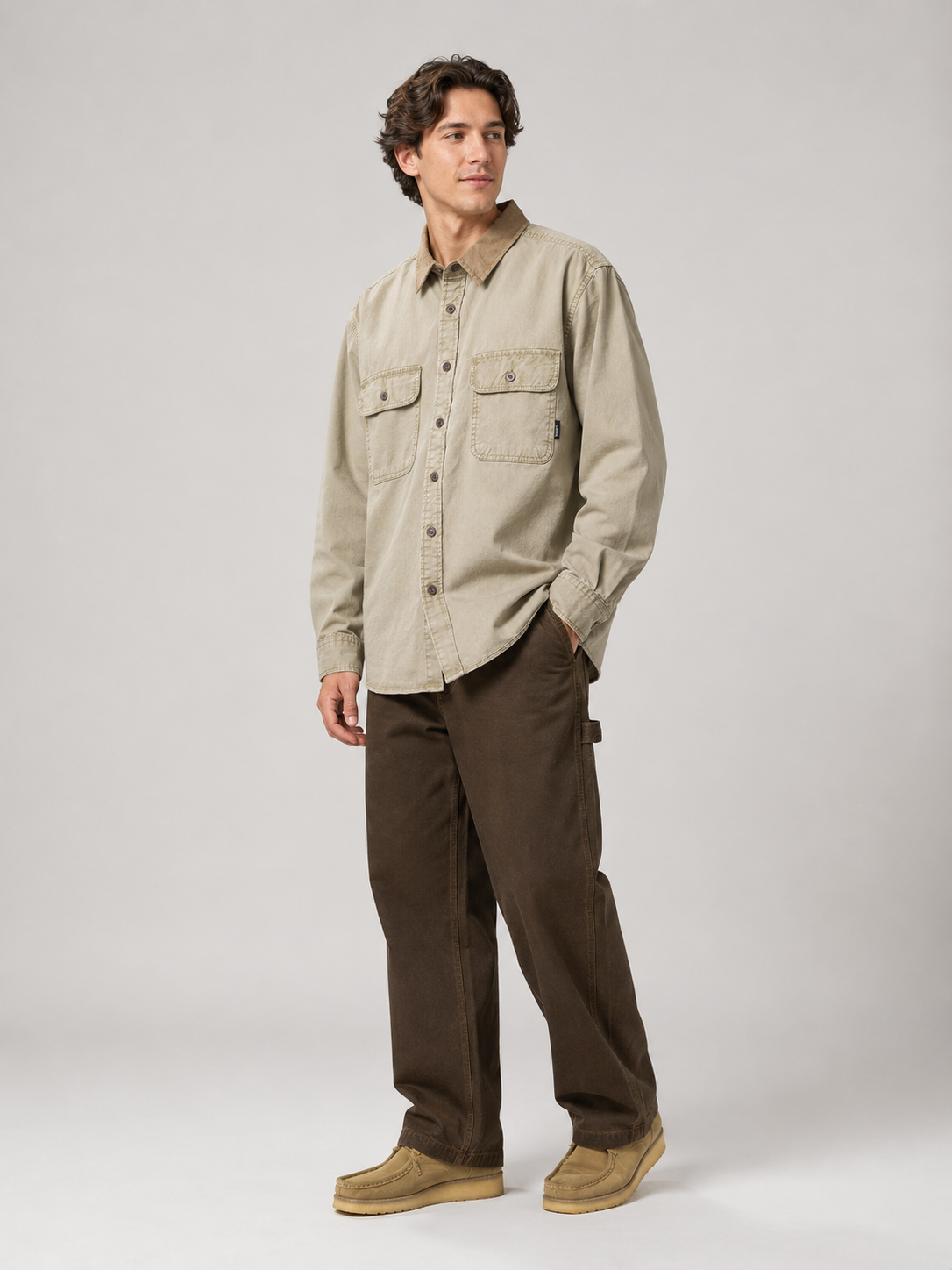 [color:carbon-gray] Washed work shirt model view