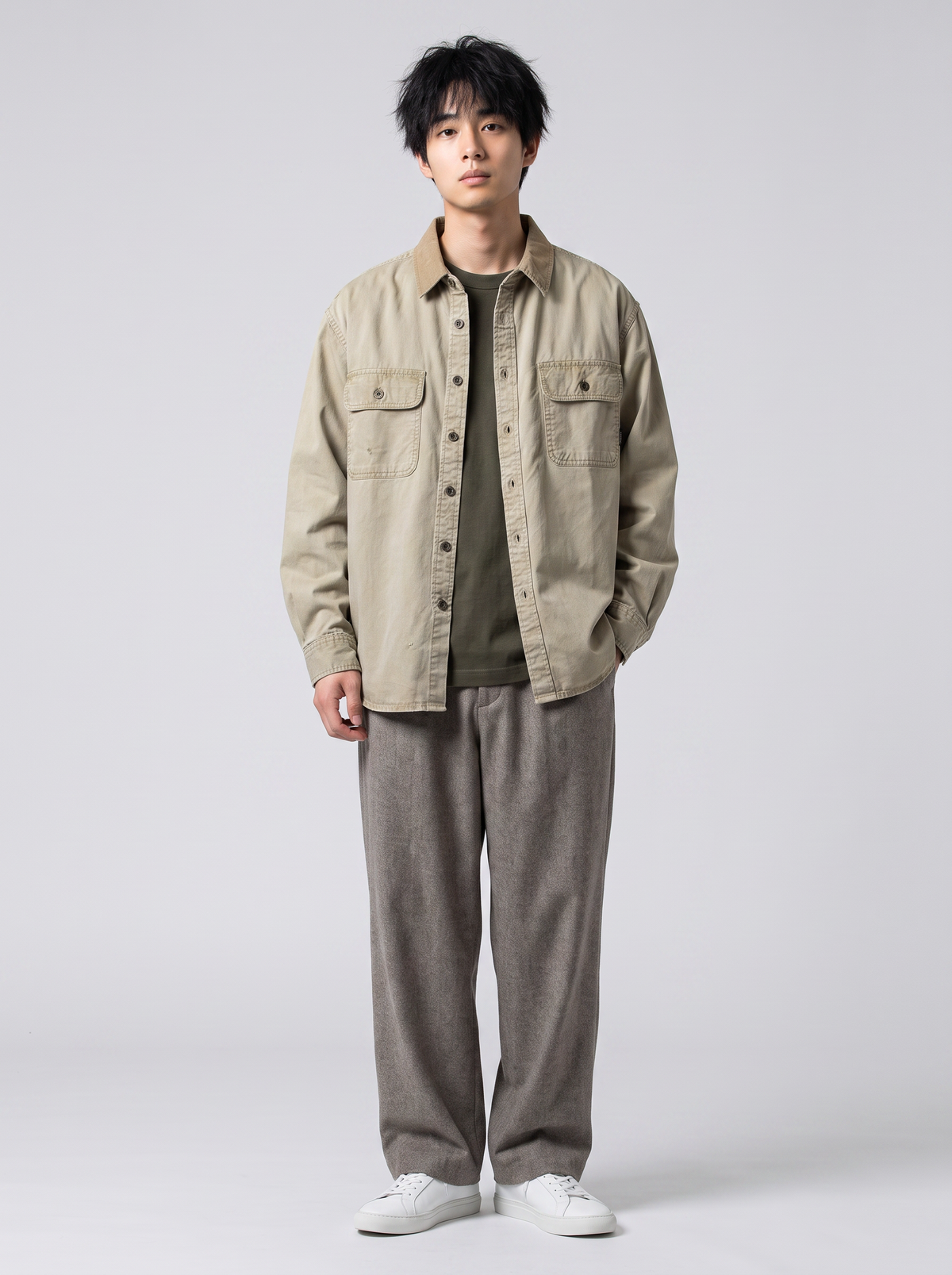 [color:khaki] Washed work shirt model view