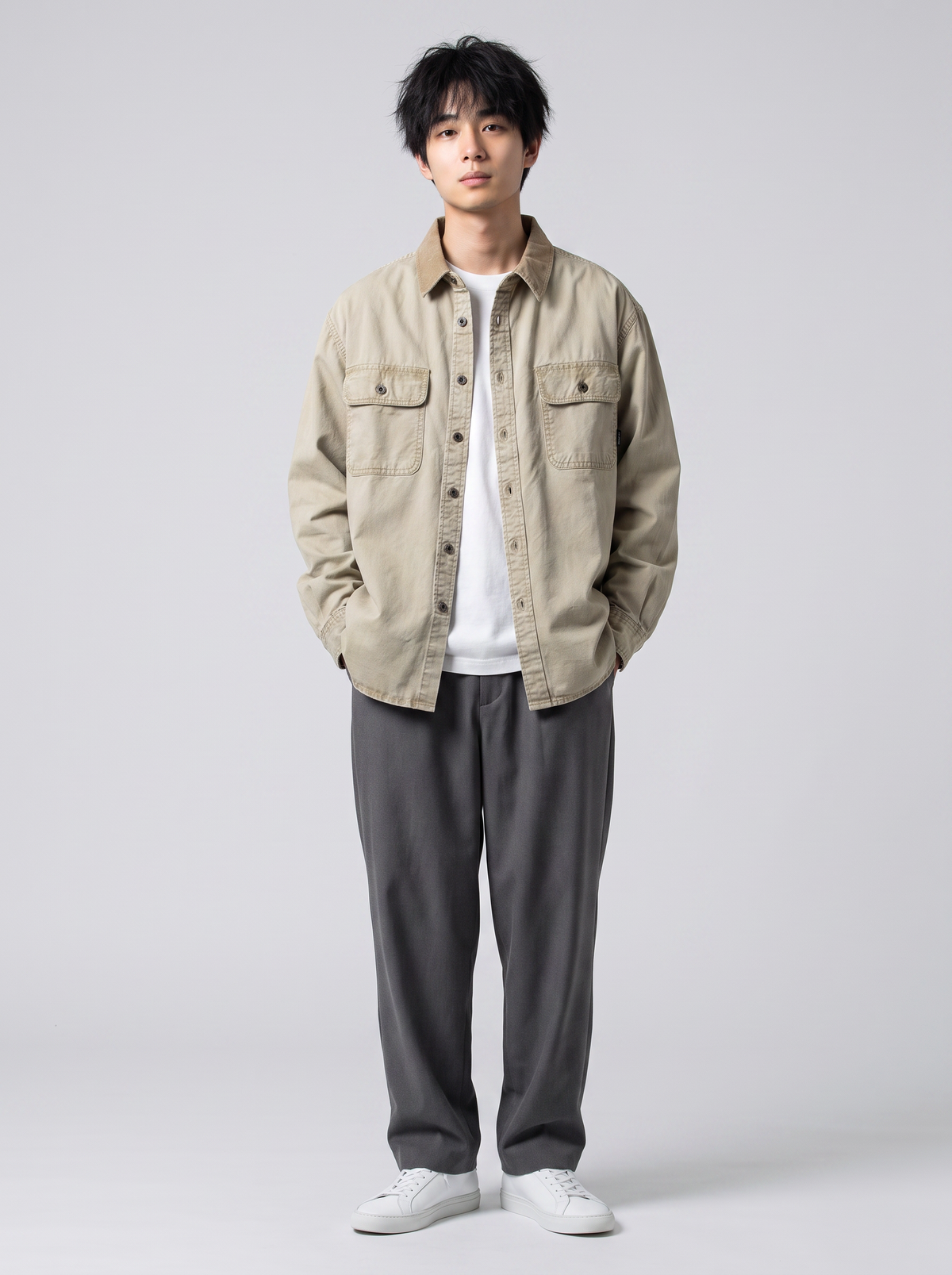 [color:khaki] Washed work shirt model view