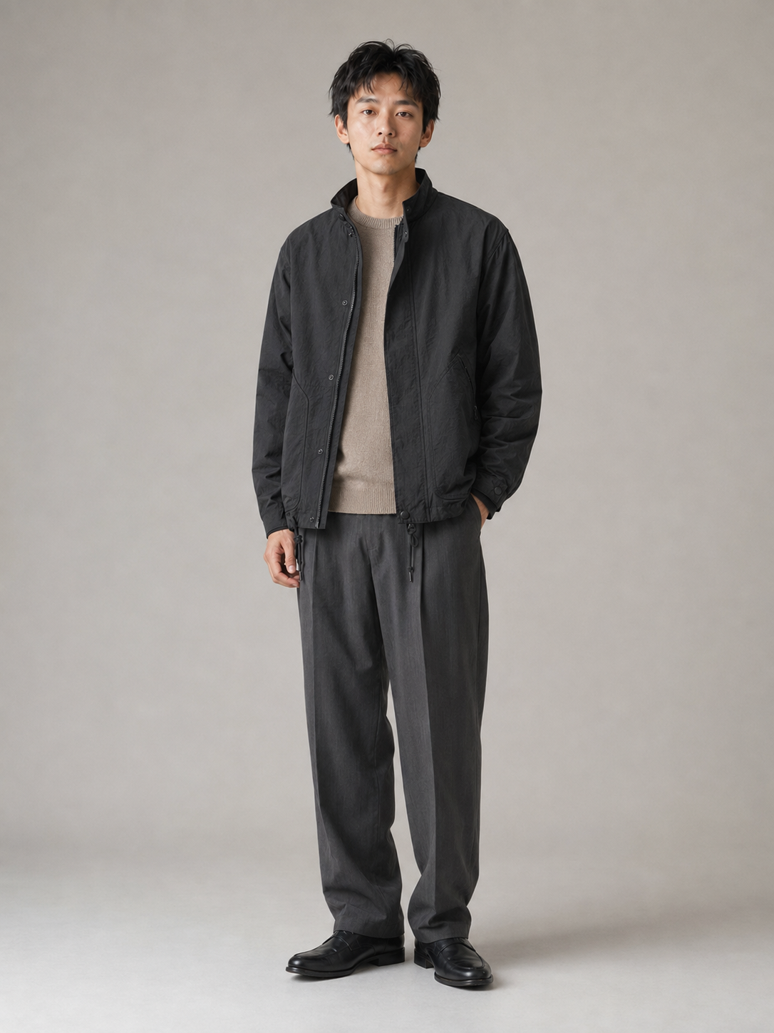 [color:black] Windproof Stand-Collar Jacket / black — model-1