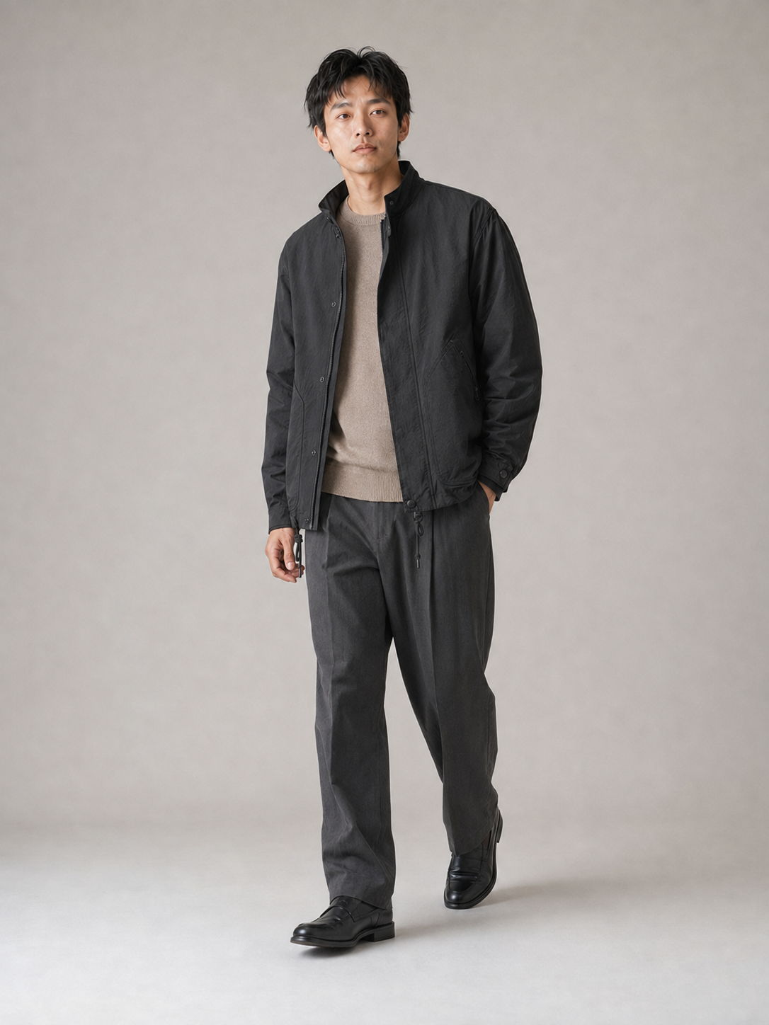 [color:black] Windproof Stand-Collar Jacket / black — model-2