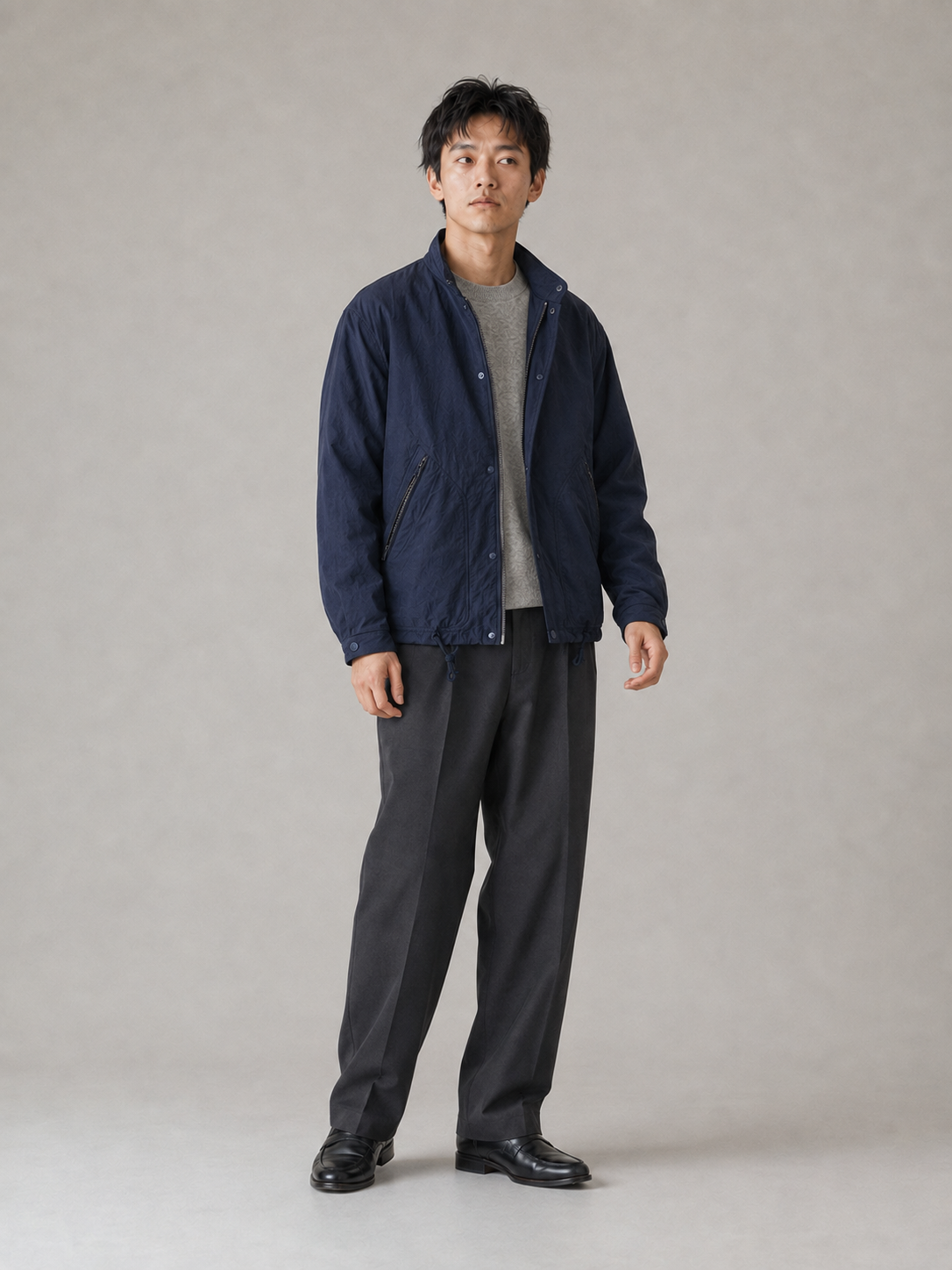 [color:navy-blue] Windproof stand-collar jacket, off-camera editorial model view